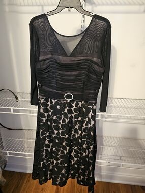 Signature by Sangria Black Mesh & Lace A-Line Dress with Rhinestone Accent